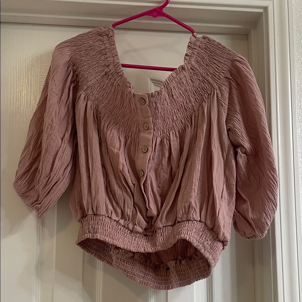Elastic off the shoulders Button Front Women’s Top in Dusty Rose